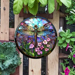 Placa colgante de jardín de metal con libélula estilo vidriera decoración exterior