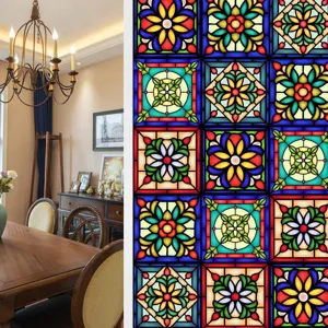 Stained glass window film detail, colorful retro floral pattern, PVC static cling.