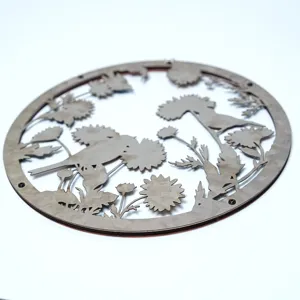 Round metal wood wall art hanging with bird and flower cutout design for home decor and gift.