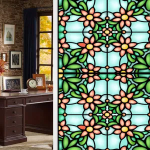 Decorative static cling window glass film featuring vintage colorful floral pattern design.