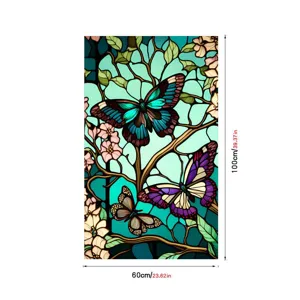Stained glass window film detail showing colorful butterflies and floral art pattern.