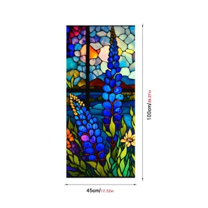 Detailed view of the stained glass window film featuring a vibrant blue lupine floral design.