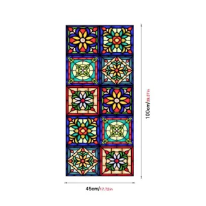 Stained glass window film detail showing vintage floral pattern, 45x100cm size dimensions.