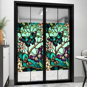 Decorative static window film with colorful butterfly and floral stained glass design.
