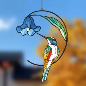 Stained glass hummingbird suncatcher double-sided metal window hanging home wall decor detail.