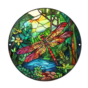 Placa colgante de metal con libélula de vidriera decorativa para jardín interior exterior.