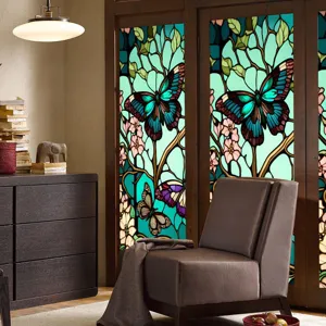Stained glass window film featuring vintage butterfly and floral design for privacy decoration.