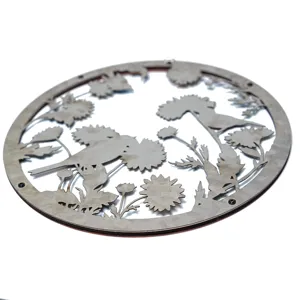 Metal wall art detail shot showing intricate bird and flower cutout design for home decor.