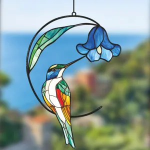 Stained glass hummingbird hanging ornament metal window decor flower wall art craft suncatcher
