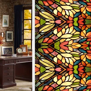 Detailed view of vintage stained glass window film with colorful floral pattern design.