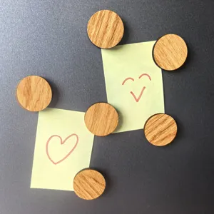 Wooden magnetic fridge sticker, round wood grain design, ideal for notes and office memo use.