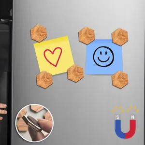 Wooden hexagonal fridge magnets with strong magnetic backing for sticky notes and decor.