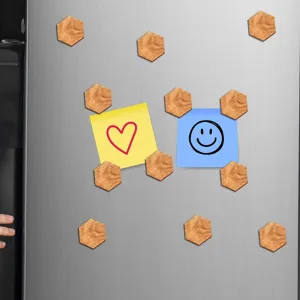 Wooden hexagonal magnetic fridge stickers for memo notes, decorative kitchen office magnets.