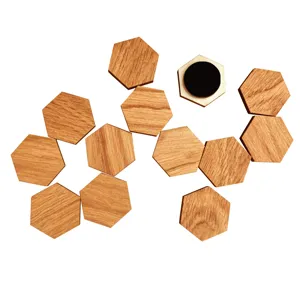 Wooden hexagonal fridge magnets detail view, natural wood grain magnetic note holder pins.