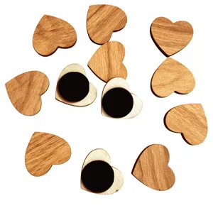 Wooden heart magnetic fridge stickers detail showing wood grain and round back magnets.