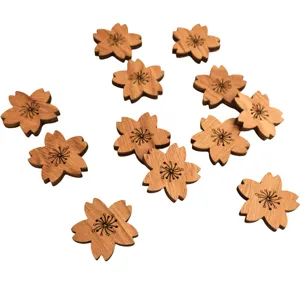Wooden cherry blossom fridge magnet detailed view, natural wood texture decorative memo clip.