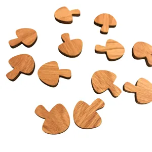 Detailed view of wooden mushroom magnetic fridge stickers with natural grain texture.