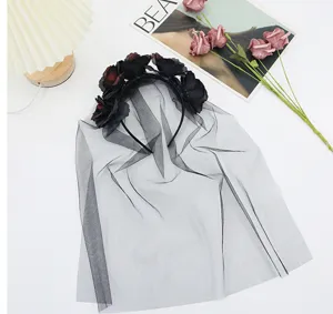 Black rose mesh veil headband gothic Halloween masquerade hair accessory delicate and unique design