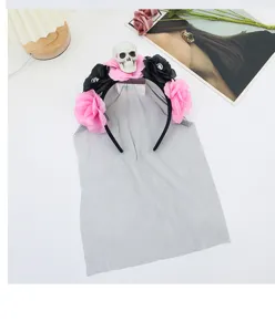 Halloween skull floral headband with black mesh veil, perfect for costume parties and cosplay events.
