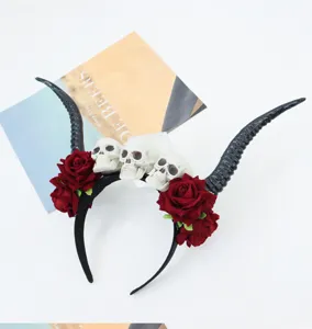 Diadema de cuernos de diablo steampunk rosas calaveras, accesorio de cosplay de Halloween gótico.