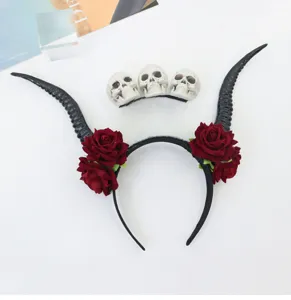 Gótico Steampunk Cuerno de Diablo Rosa Diadema Halloween Cosplay Horquilla Calavera