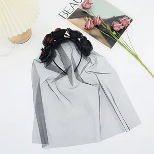 Halloween black rose veil headband gothic masquerade party costume hair hoop hair accessories