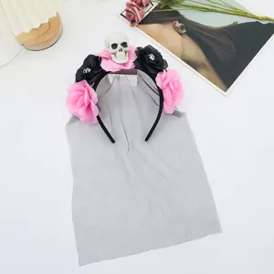 Halloween skull headband with pink black roses and mesh veil for party costume dress up