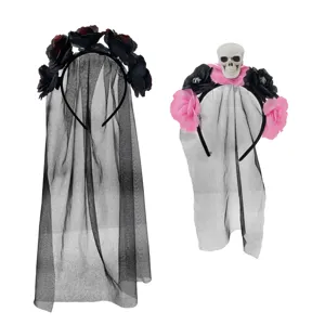 Halloween black rose veil headband with skull design for party dress up accessories