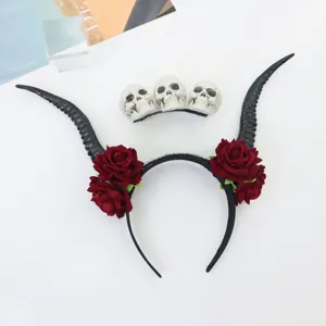Diadema de cuernos de diablo góticos y rosas rojas para cosplay fiesta de disfraces de Halloween gótico