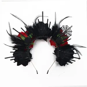 Halloween Gotico Rosa Piuma Cerchietto Nero Rosso Corona Aureola Costume Festa Carnevale