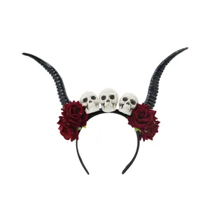 Diadema Gótica Steampunk Cuernos de Diablo Halloween Cosplay Cráneo Rosa Roja Accesorio