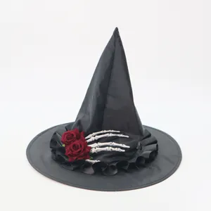 Halloween Hexenhut schwarz mit Skeletthand und roten Rosen gruselige Kostüm Party Kopfbedeckung