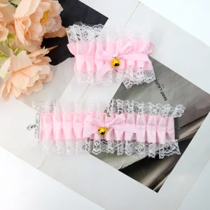 Lolita roze kant volant polsband met schattige strik en gouden bel voor hoofdweergave