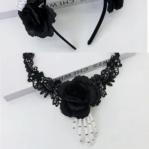 Gotische Halloween zwarte roos hoofdband en kant skelet hand choker set voor feestje