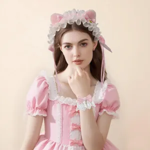 Lolita Gothic Kattenoor Hoofdband Kant Ruches Strik Bel Hoofddeksel Met Kunstmatige Parels Lint Polsbandjes Cosplay Haaraccessoires Set