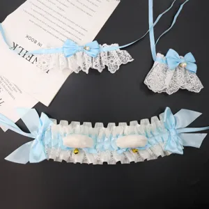 Lolita lichtblauwe kant kattenoor hoofdband strik bel choker armband set hoofdaanzicht