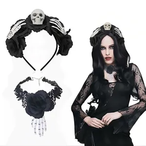 Gotische Halloween Haarband Roos Schedel Choker Set Cosplay Feest Haar Accessoire Hoofdband Mode