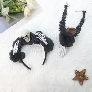 Gotisch Halloween Schedel Roos Haarband Halsketting Set Cosplay Feest Haar Accessoires