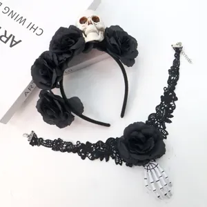 Halloween Gothic schwarze Rose Totenkopf Haarreif und Spitze Choker Halskette Set Party.