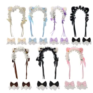 Lolita kattenoor haarband en kanten strik armband set, schattige gothic haaraccessoire.