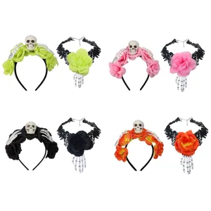 Gotische Halloween schedel roos haarband en choker set perfect voor cosplay feest.