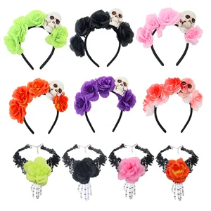 Halloween gruselige Totenkopf Blumen Haarreif und Spitze Skelett Hand Halsband Set.