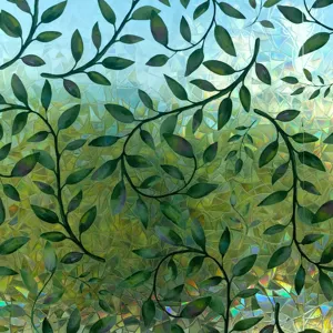 Close-up detail of colorful prism window film with green vine leaf pattern, static cling design.