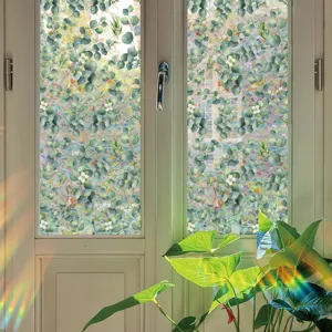 Decorative window glass film with eucalyptus leaf pattern and prism rainbow lighting effect.