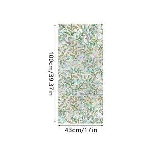 Prismatic decorative window film with green leaves pattern, static privacy glass sticker for home.