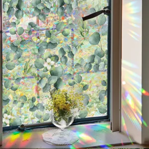 Decorative window film with eucalyptus leaf pattern and prism rainbow light effect for home glass.