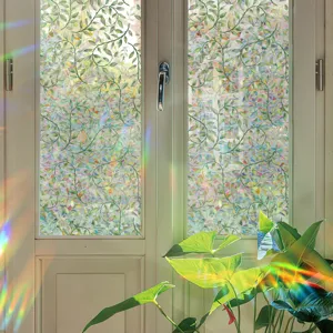 Rainbow window privacy film with leaf pattern, decorative static cling glass sticker for home.