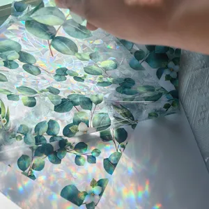 Prismatic rainbow eucalyptus leaf window film, static decorative glass sticker for home.