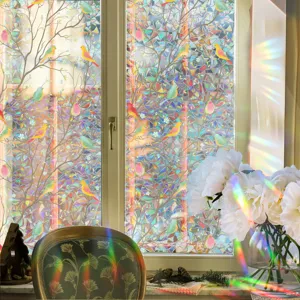 Rainbow window film with colorful bird and tree pattern, static cling decorative glass sticker.