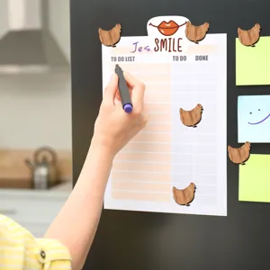 Wooden chicken fridge magnets detail view showing cute animal design holding notes on board.